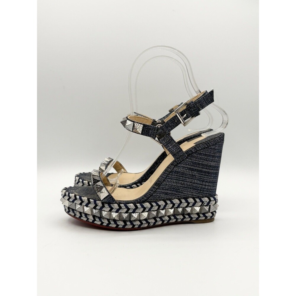 Christian Louboutin Pyraclou 110 Denim Espadrille Wedges Silver Studs EU 36 - Picture 2 of 11